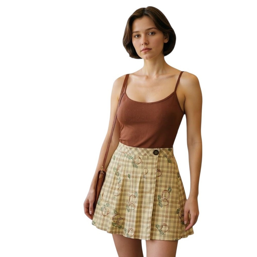 Urban Outfitters Mini Skirt Peach Plaid Print Cute‎ Casual Pocket Skort Small